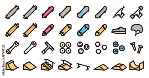 Skateboarding icon set (Bold outline color version)
