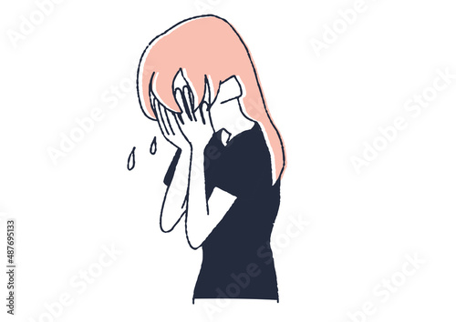 泣いている女性　コミカルな手書きの人物イラスト　ベクター線画にシンプルな色つけ　白バック