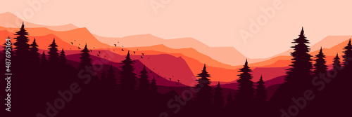 forest with mountain landscape flat design vector illustration good for wallpaper, backdrop, background, web banner, and design template
