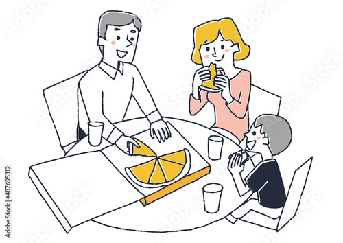 テイクアウトのピザを食べる男性　コミカルな手書きの人物イラスト　ベクター線画にシンプルな色つけ　