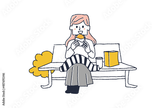 テイクアウトした昼食を食べる女性　コミカルな手書きの人物イラスト　ベクター線画にシンプルな色つけ　