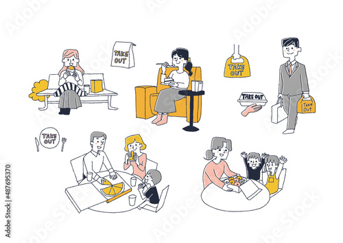 テイクアウトした食事を食べる人々のセット　コミカルな手書きの人物イラスト　ベクター線画