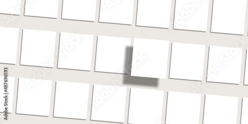 Pattern of Squared Blanks laying on Neutral grey background with one different paper blank (Flat Lay). Group of Diagonal Card squares. Business Identity and brand design Template Mockup 