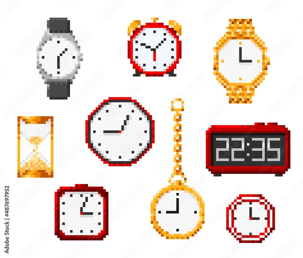 Isolated pixel hourglass, watch and alarm clock pixel art 8bit game icons.  Vector time accessories, pixelated elements set. Stopwatch, wrist watch,  sandglass and golden breguet watch on chain Stock Vector | Adobe