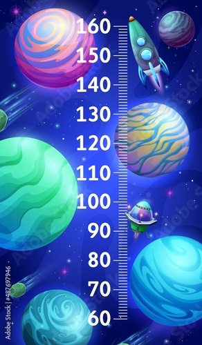 Fototapeta Naklejka Na Ścianę i Meble -  Cartoon galaxy space planets and shuttles kids height chart. Vector growth measure meter with spacecrafts, ufo saucer in cosmic fantasy world with stars, comets and asteroids, ruler scale with space