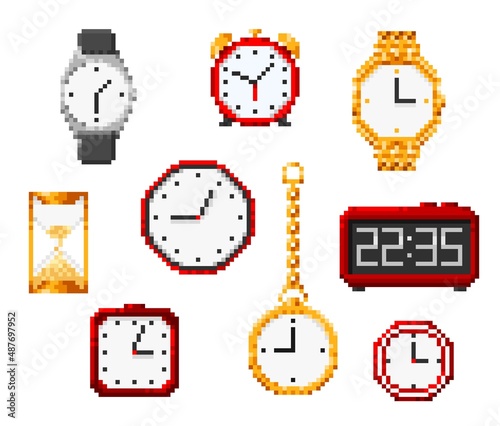 Isolated pixel hourglass, watch and alarm clock pixel art 8bit game icons. Vector time accessories, pixelated elements set. Stopwatch, wrist watch, sandglass and golden breguet watch on chain