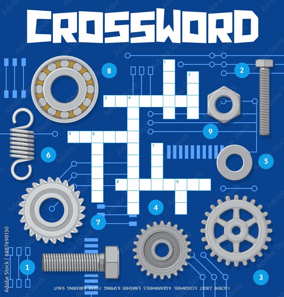 Mechanic spare parts crossword grid worksheet. Find a word quiz game
