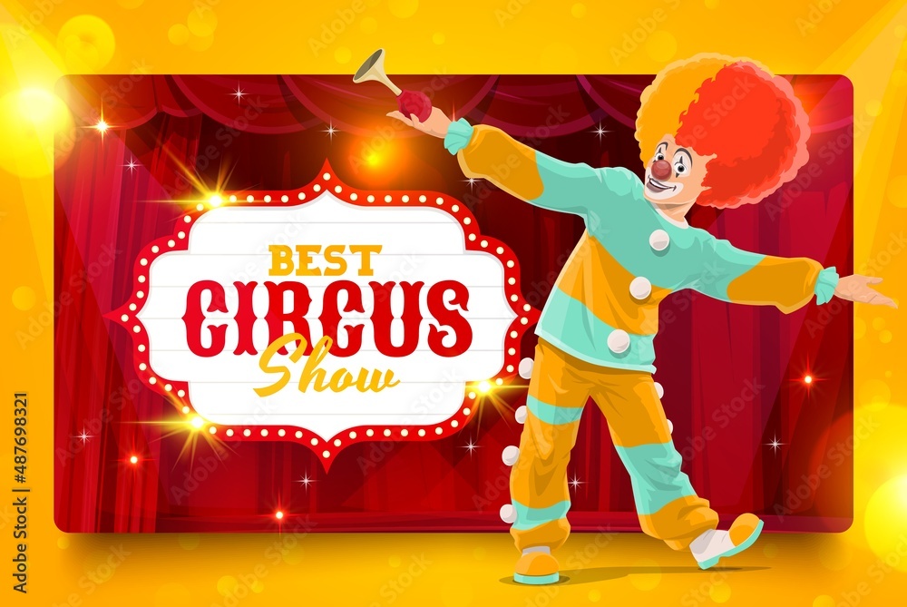 Shapito circus cartoon clown performer on stage. Vector poster with smiling  comedian character dance on scene. Invitation to big top magic show,  carnival event with funster or jester in bright costume Stock