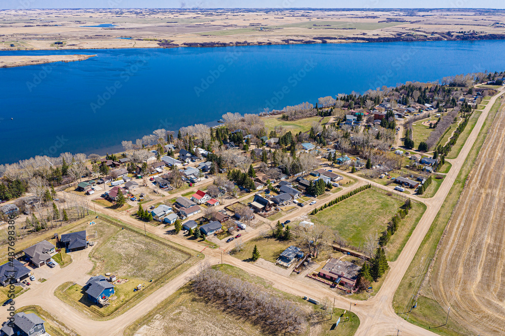 Aerial drone view of the small hamlet of Shields, Saskatchewan