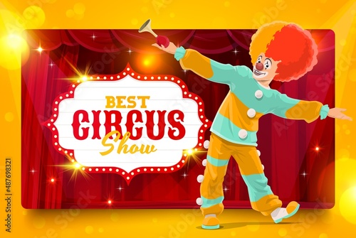 Shapito circus cartoon clown performer on stage. Vector poster with smiling comedian character dance on scene. Invitation to big top magic show, carnival event with funster or jester in bright costume photo