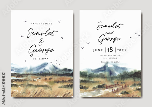 Wedding invitation of savannah and road watercolor