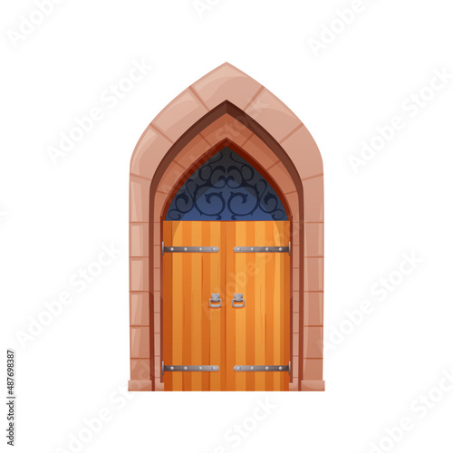 Cartoon medieval castle gates and doors, exterior arch portal with stone doorway. Vector wooden fairytale arched entry of palace gate with forgery ornament, rocky doorjamb and ring knob