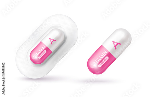 Pink vitamin A medicine capsule. Dietary supplement health neutralize free radicals. With chemical formula. Anti aging beauty enhancement concept and health care medical. 3D vector EPS10.