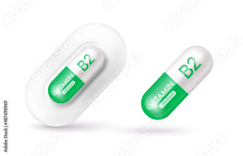 Green vitamin B2 medicine capsule. Dietary supplement health neutralize free radicals. With chemical formula. Anti aging beauty enhancement concept and health care medical. 3D vector EPS10.