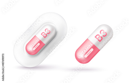 Pink vitamin B3 medicine capsule. Dietary supplement health neutralize free radicals. With chemical formula. Anti aging beauty enhancement concept and health care medical. 3D vector EPS10.