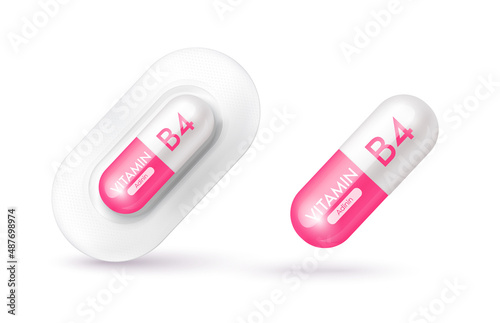 Pink vitamin B4 medicine capsule. Dietary supplement health neutralize free radicals. With chemical formula. Anti aging beauty enhancement concept and health care medical. 3D vector EPS10.