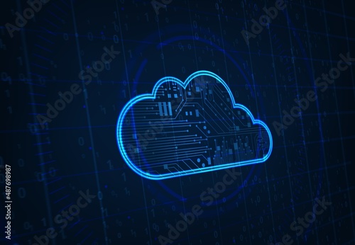 Cloud network, data storage and backup background. Online datacenter hosting, information web storage and data transfer software backdrop with neon blue cloud, binary code and motherboard tracks