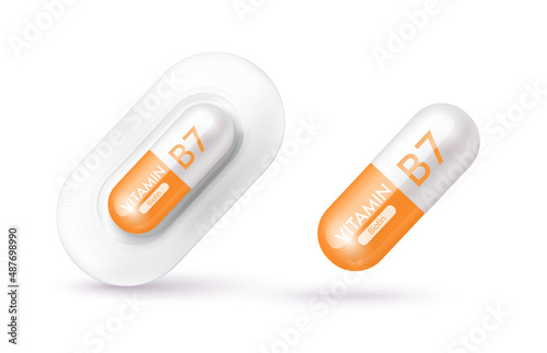 Orange vitamin B7 medicine capsule. Dietary supplement health neutralize free radicals. With chemical formula. Anti aging beauty enhancement concept and health care medical. 3D vector EPS10.