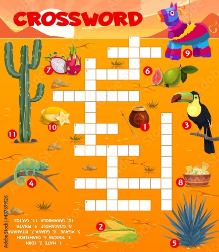 Crossword grid worksheet with mexican food, animals and items. Find a word quiz game, children text riddle or kids puzzles book vector page with toucan, cactus and chameleon, agave, pinata and fruits