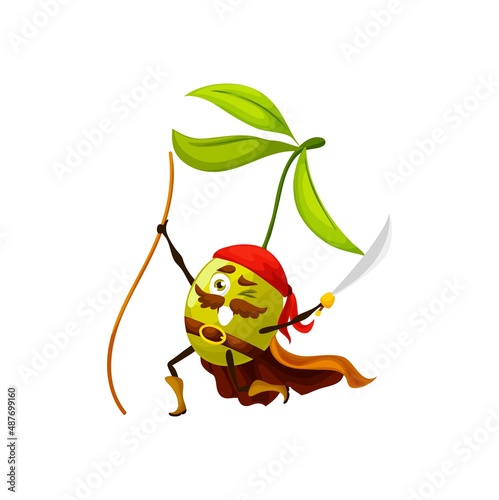 Cartoon olive pirate character happy vector berry sailor corsair attack with sabre hanging on rope. Smiling buccaneer vegetable adventure. Isolated freebooter picaroon kids book or game personage