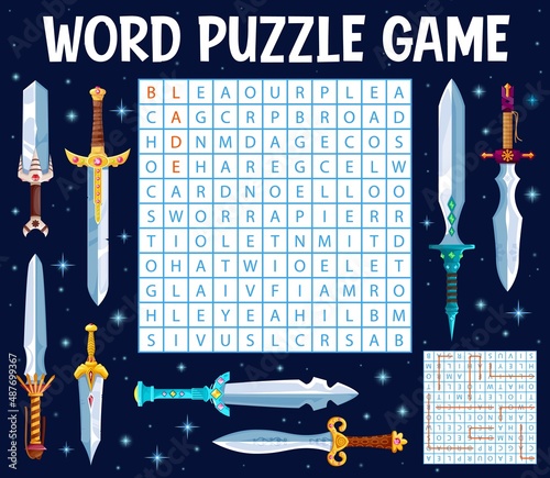 Fantasy blades, swords and magic daggers on word search puzzle game worksheet. Kids quiz grid, riddle or educational game, intelligence test with vocabulary and alphabet learning, logical activity