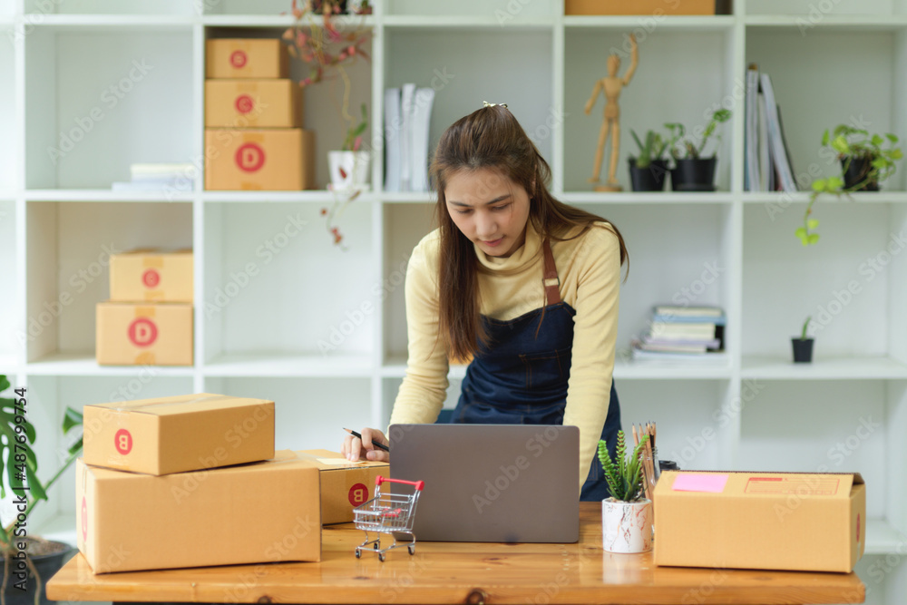 A female small online business owner is prepared her delivery packaging boxes A female small online business owner is prepared her delivery packaging boxes