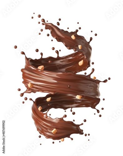 Chocolate milk twister, whirlwind or tornado realistic splash with crushed peanut. Vector cocoa and coffee isolated swirl dessert wave or flow with nuts and splatters, 3d brown stream with drops