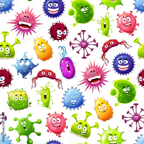Cartoon viruses, microbes, germs and bacteria vector seamless pattern. Happy microbes background with cute microscopic monster characters of microorganism or bacterium cells with smiling faces