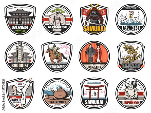 Japan culture, tradition, religion and history vector icons, Japanese travel landmarks. Welcome to Japan badges Tokyo Fuji mount, dragon festival, Buddha temple, samurai warrior and kabuki theater