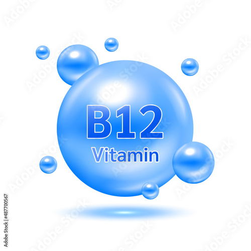 Blue electron for vitamin B12 and minerals complex. Glossy vitamins pills capsules. Pill, Healthy food supplement. Medical scientific and healthcare concept. Isolated on white background 3D Vector.