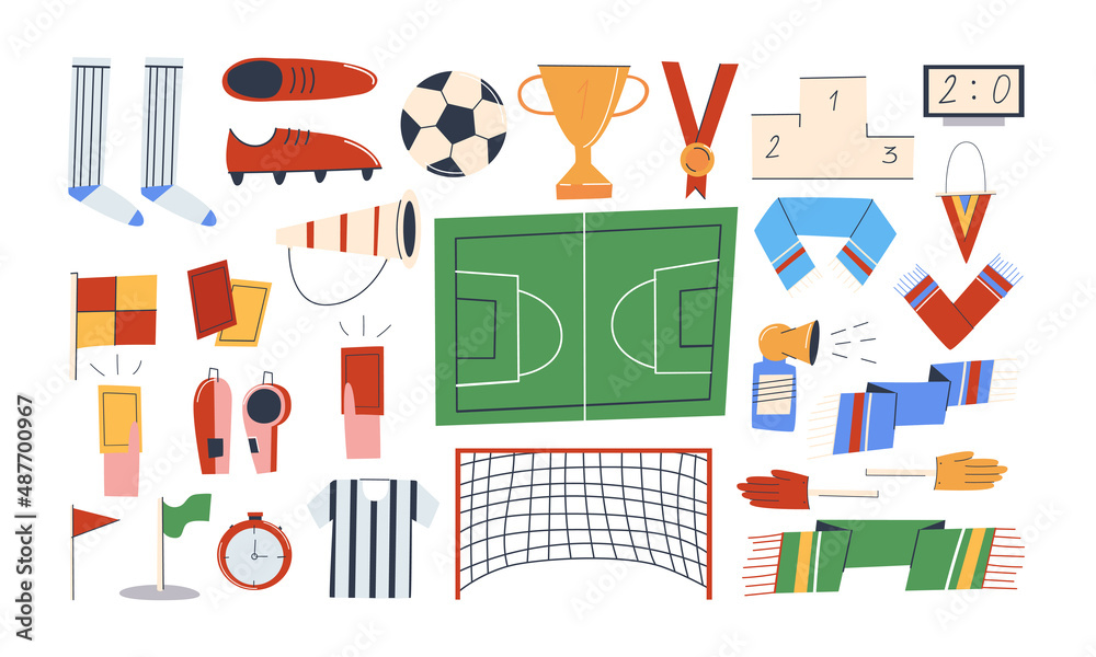 Football attributes. Sneakers ball and cup for players. Scarves and horn for fans. Flat vector. Eps10.