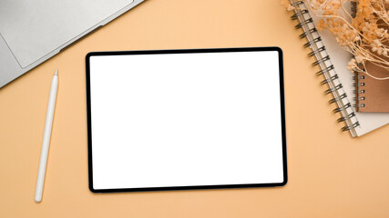 Home office table desk with tablet touchpad white screen mockup