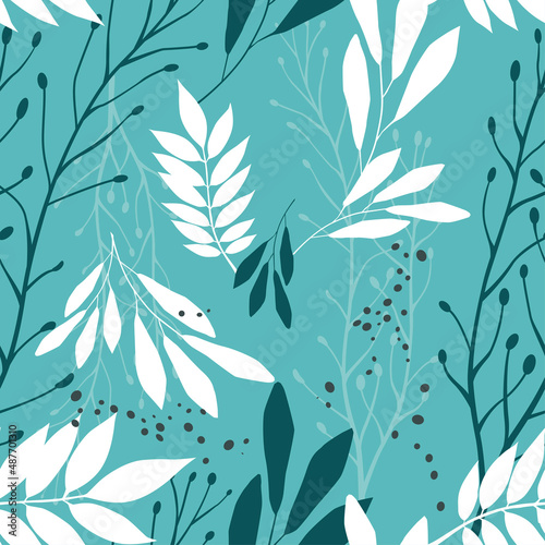 Abstract seamless patterns with leaves and geometric shapes