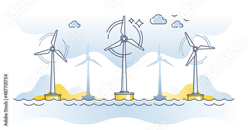Offshore windmill system outline concept. Electrical energy generator technology for alternative and renewable energy production. Green environmental industry development and world wide strategy.