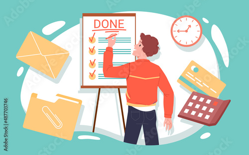 Man with work tasks document or personal planner. Busy student of college or young employee holding pencil to write agenda checklist flat vector illustration. Productive daily management concept