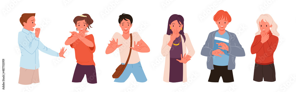 Cartoon adult and teen persons with fear and panic on face, nervous man and woman with problems, shock and phobia, frightened characters isolated on white. Scared people set vector illustration Cartoon adult and teen persons with fear and panic on face, nervous man and woman with problems, shock and phobia, frightened characters isolated on white. Scared people set vector illustration