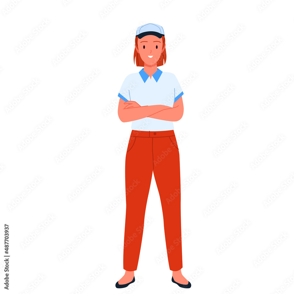 Confident standing seller girl with crossed arms. Client assistance service and consultation flat vector illustration Confident standing seller girl with crossed arms. Client assistance service and consultation flat vector illustration