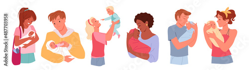 Wide set of young happy parents holding newborn baby. Parenthood period with affection, love and cuddling comforting infant toddler, family happy moments cartoon vector illustration
