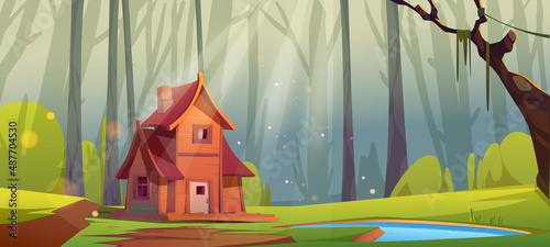 Deep forest with wooden house and pond. Vector cartoon illustration of summer woods landscape with forester cottage on glade, green grass and bushes, tree trunks and path
