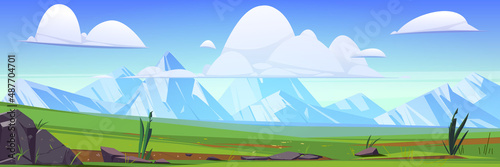 Green meadows and white mountains on horizon. Vector cartoon illustration of summer landscape of valley with grass, stones, snow rocks on skyline and clouds in sky
