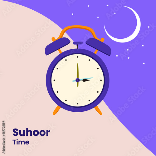 A clock shows 03.00 am for sahur time. Suhoor Time, Pre Dawn Meal Call Sahur. Holy Ramadan month. Flat vector illustration.