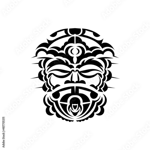 Tribal mask. Monochrome ethnic patterns. Black tattoo in Maori style. Isolated on white background. Vector illustration.