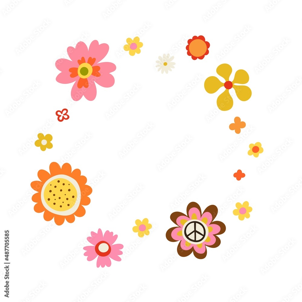 Hippie frame flowers. Hippy style blossoms, retro vintage hand drawn decorative elements, 60s and 70s abstract flower, bright colors childish cute decor, doodle objects peace and funny faces vector