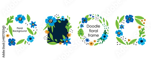 Doodle floral frame. Hand drawn cartoon leaves and flowers composition, abstract botanical circle border template with copy space, decorative spring summer decor, vector isolated illustrations set