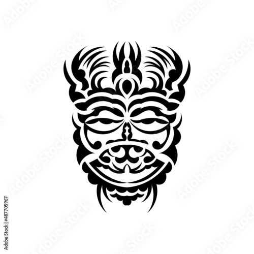 Tribal mask. Traditional totem symbol. Black tattoo in Maori style. Isolated on white background. Vector illustration.