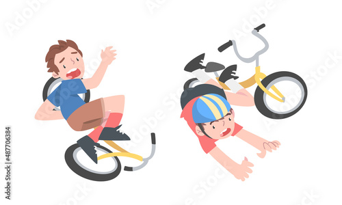 Boys falling down from bicycle set cartoon vector illustration