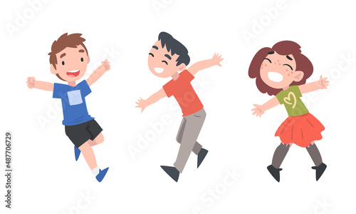 Happy smiling kids jumping and having fun cartoon vector illustration