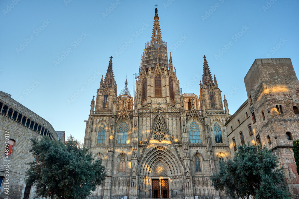 The Cathedral of the Holy Cross and Saint Eulalia in Barcelona, Spain, early in the morning