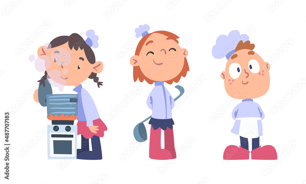 Chef kids in uniform cooking tasty dishes cartoon vector illustration Chef kids in uniform cooking tasty dishes cartoon vector illustration