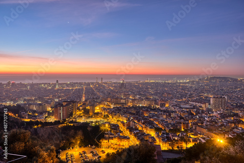 Beautiful sunrise view of Barcelona and the Mediterranean Sea